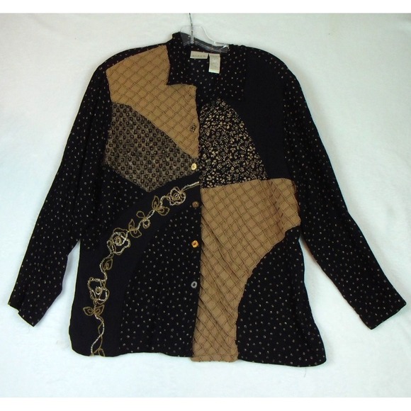 Koret Patchwork Button Down Shirt Brown and Black Women's Long Sleeve Size Large - Picture 1 of 6